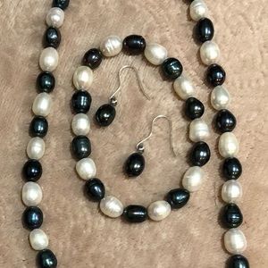 Cool steel gray and white beaded necklace, bracelet and earrings